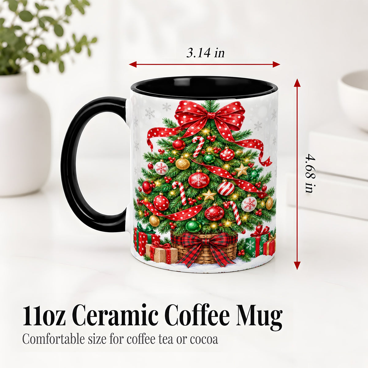 #pl[11oz|Black] Decorated Christmas Tree Ceramic Mug, Festive Ornament Artwork