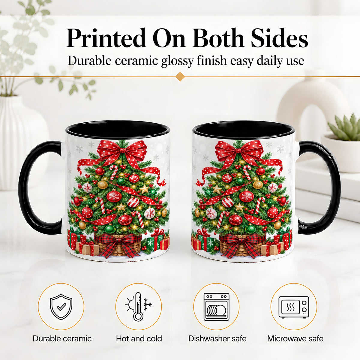 #pl[11oz|Black] Decorated Christmas Tree Ceramic Mug, Festive Ornament Artwork