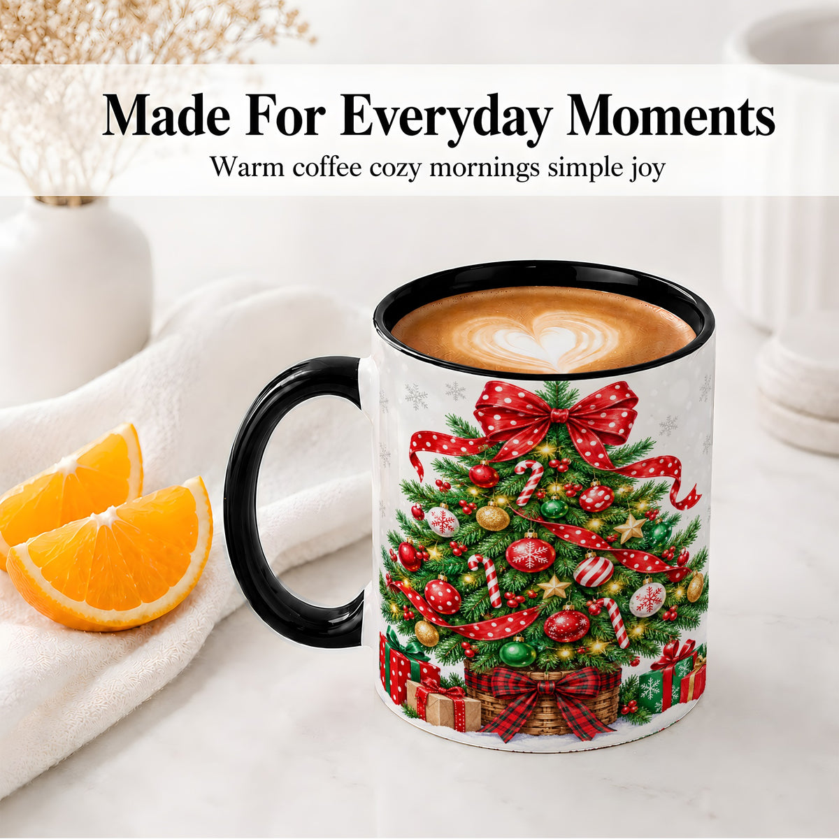 #pl[11oz|Black] Decorated Christmas Tree Ceramic Mug, Festive Ornament Artwork