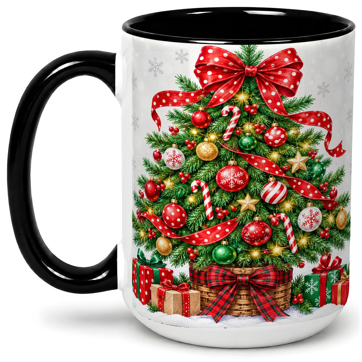 #pl[15oz|Black] Decorated Christmas Tree Ceramic Mug, Festive Ornament Artwork