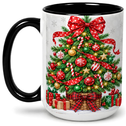 #pl[15oz|Black] Decorated Christmas Tree Ceramic Mug, Festive Ornament Artwork