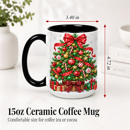 #pl[15oz|Black] Decorated Christmas Tree Ceramic Mug, Festive Ornament Artwork