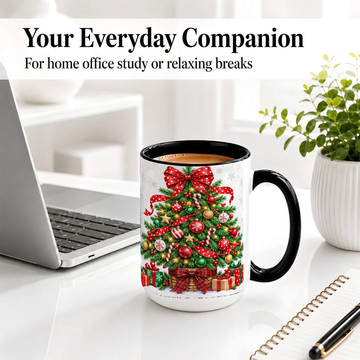 #pl[15oz|Black] Decorated Christmas Tree Ceramic Mug, Festive Ornament Artwork