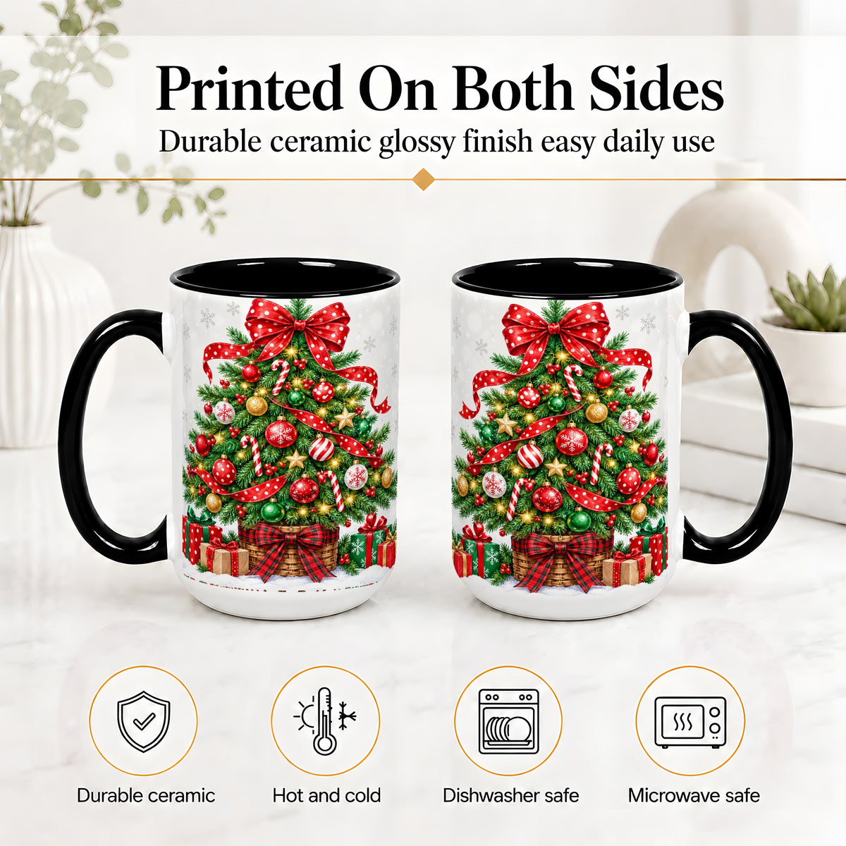 #pl[15oz|Black] Decorated Christmas Tree Ceramic Mug, Festive Ornament Artwork