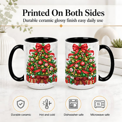 #pl[15oz|Black] Decorated Christmas Tree Ceramic Mug, Festive Ornament Artwork