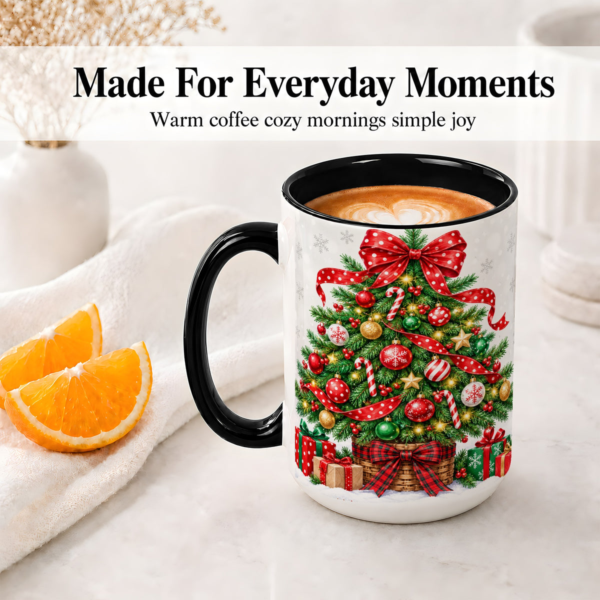 #pl[15oz|Black] Decorated Christmas Tree Ceramic Mug, Festive Ornament Artwork