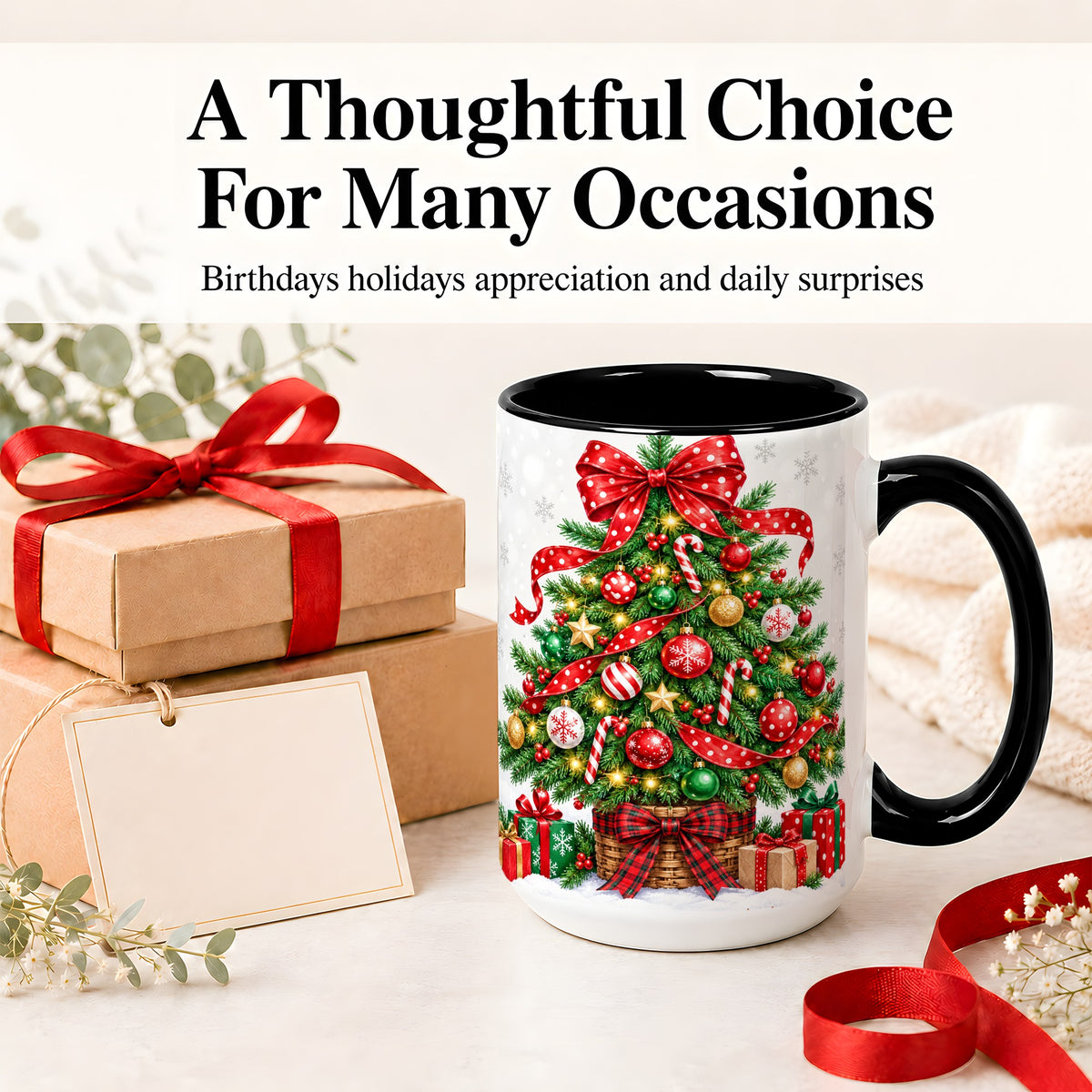 #pl[15oz|Black] Decorated Christmas Tree Ceramic Mug, Festive Ornament Artwork