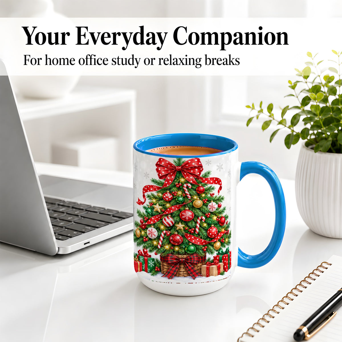 #pl[15oz|Blue] Decorated Christmas Tree Ceramic Mug, Festive Ornament Artwork
