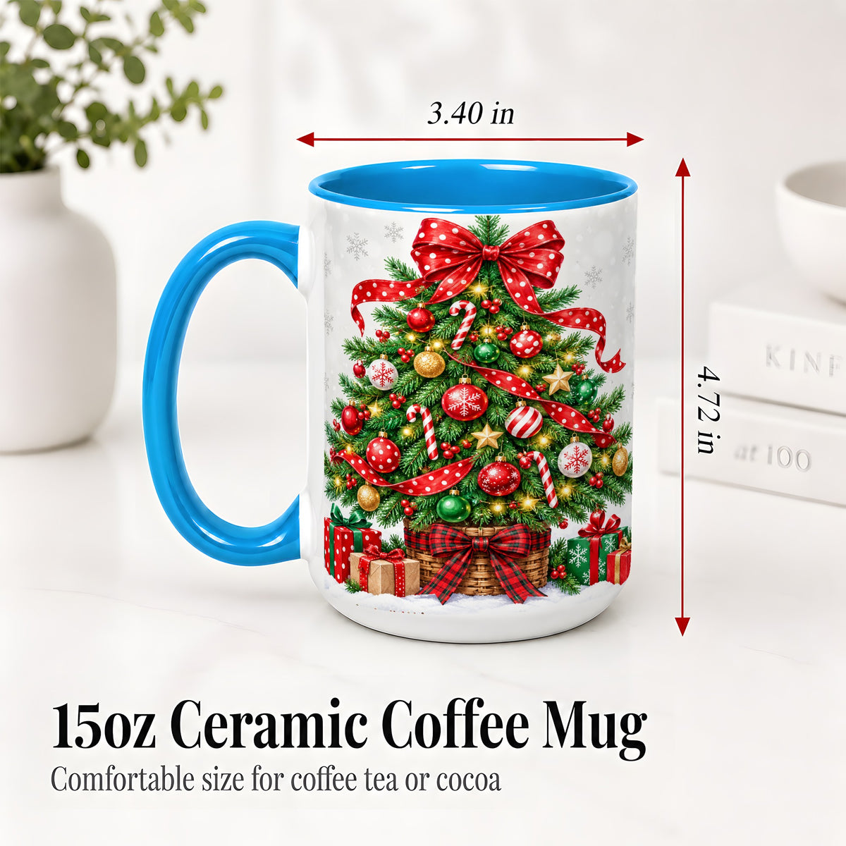 #pl[15oz|Blue] Decorated Christmas Tree Ceramic Mug, Festive Ornament Artwork