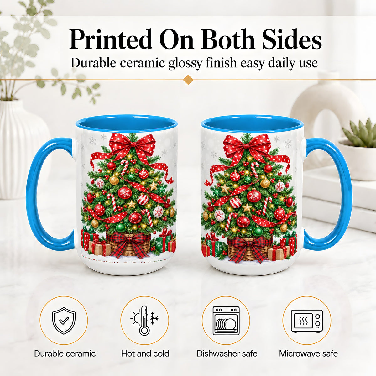 #pl[15oz|Blue] Decorated Christmas Tree Ceramic Mug, Festive Ornament Artwork