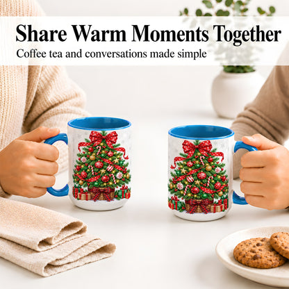 #pl[15oz|Blue] Decorated Christmas Tree Ceramic Mug, Festive Ornament Artwork