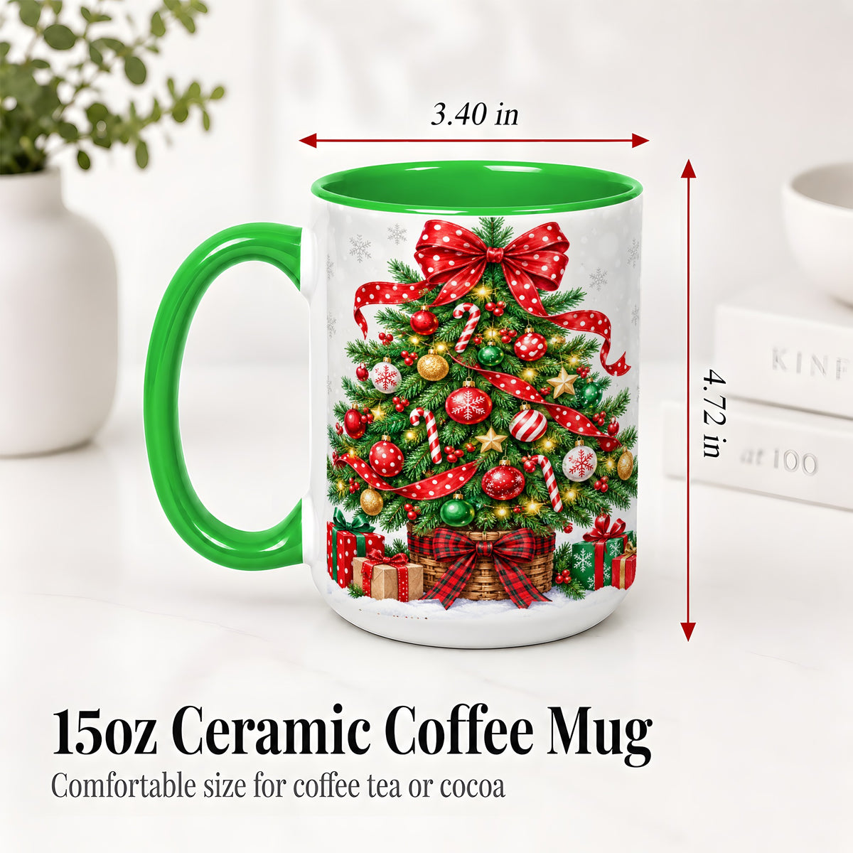 #pl[15oz|Green] Decorated Christmas Tree Ceramic Mug, Festive Ornament Artwork