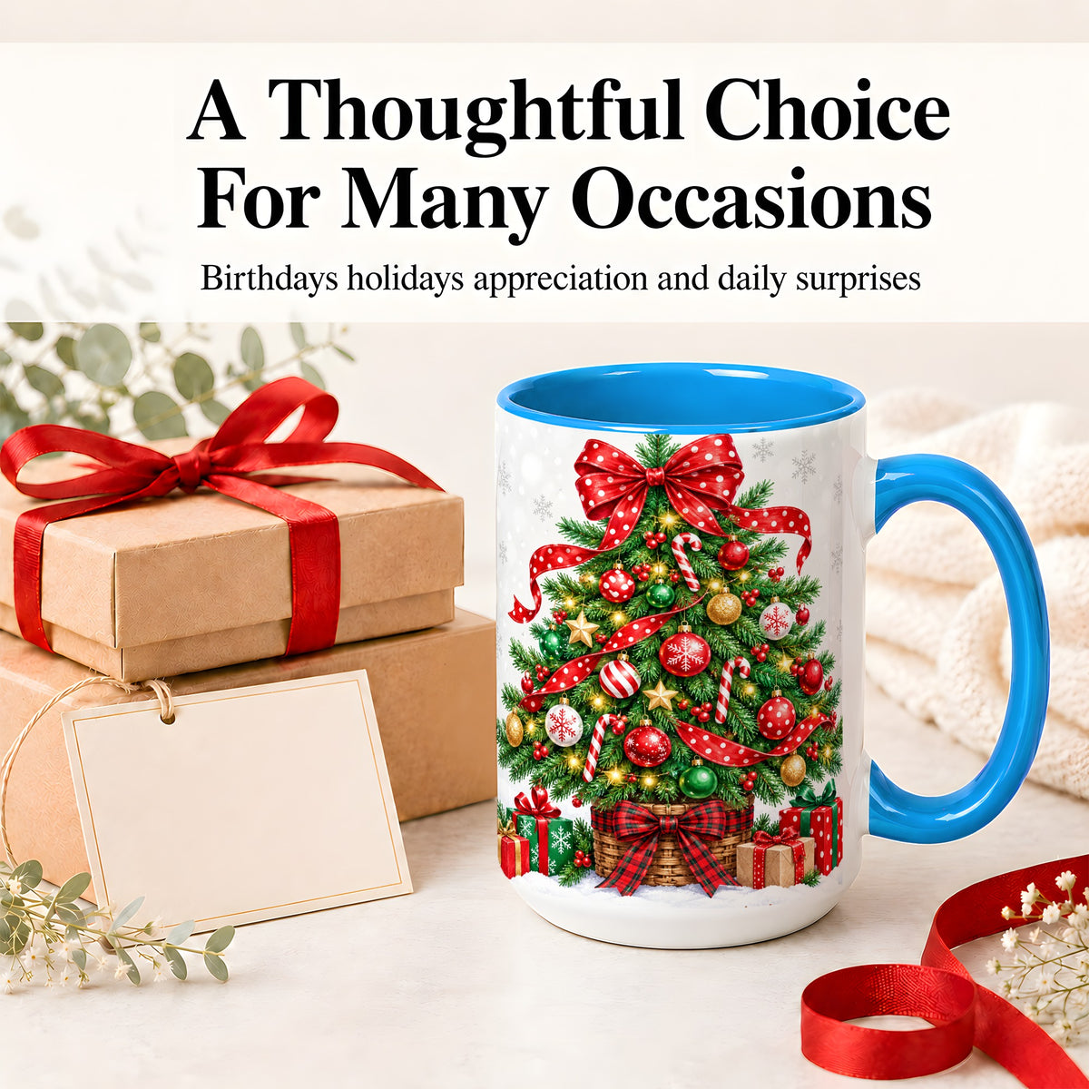 #pl[15oz|Blue] Decorated Christmas Tree Ceramic Mug, Festive Ornament Artwork