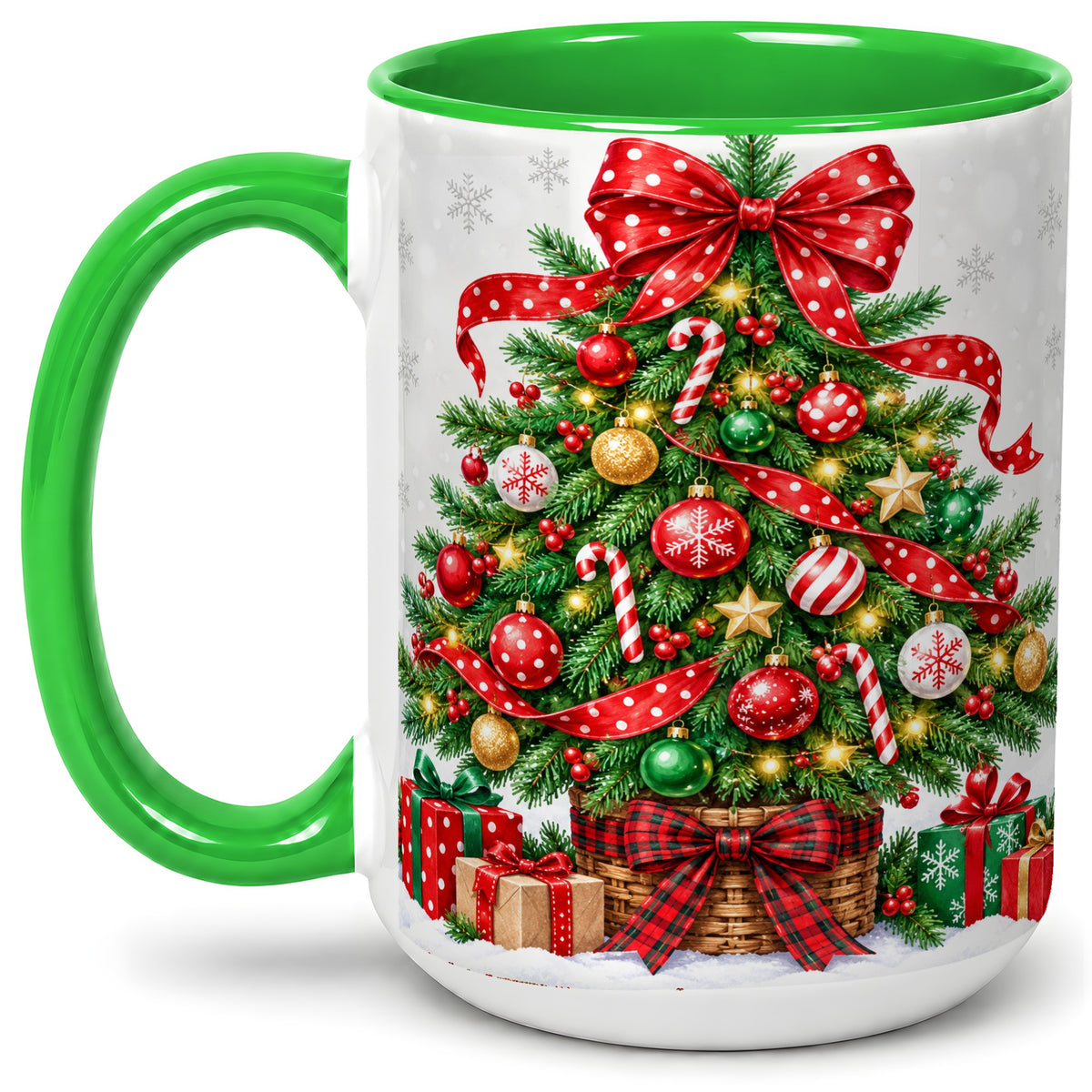 #pl[15oz|Green] Decorated Christmas Tree Ceramic Mug, Festive Ornament Artwork