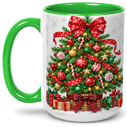 #pl[15oz|Green] Decorated Christmas Tree Ceramic Mug, Festive Ornament Artwork