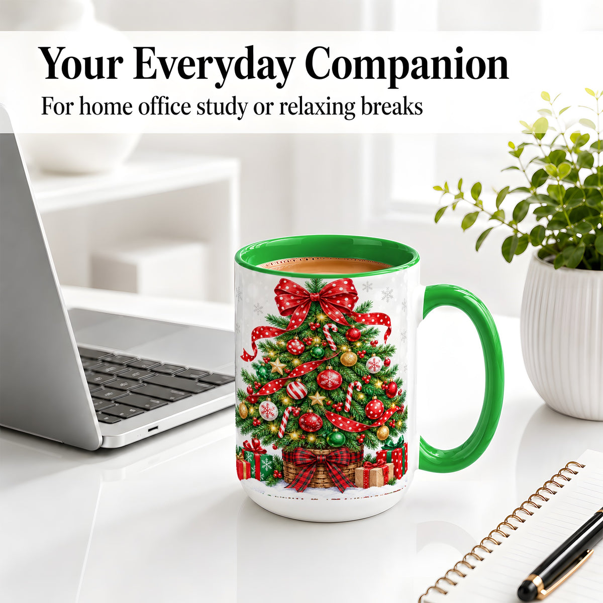 #pl[15oz|Green] Decorated Christmas Tree Ceramic Mug, Festive Ornament Artwork