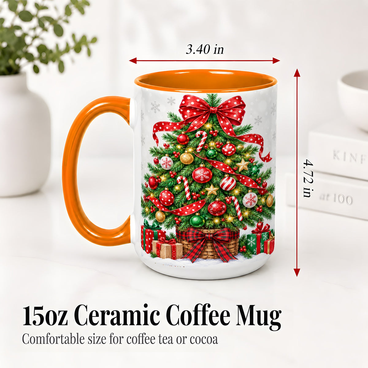 #pl[15oz|Orange] Decorated Christmas Tree Ceramic Mug, Festive Ornament Artwork