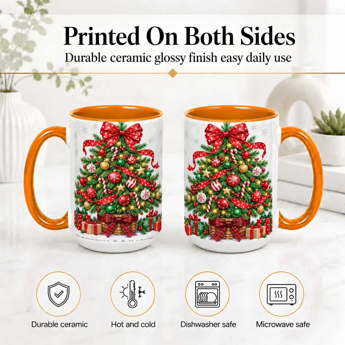 #pl[15oz|Orange] Decorated Christmas Tree Ceramic Mug, Festive Ornament Artwork