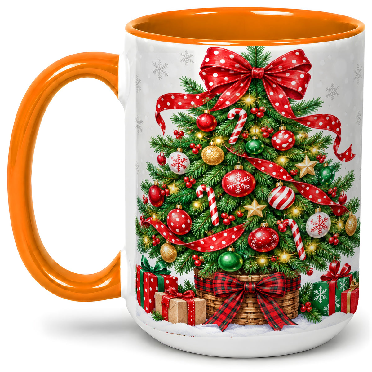 #pl[15oz|Orange] Decorated Christmas Tree Ceramic Mug, Festive Ornament Artwork