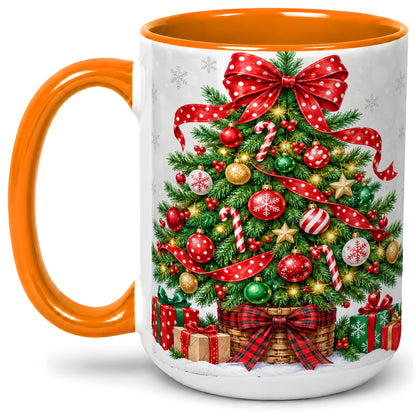 #pl[15oz|Orange] Decorated Christmas Tree Ceramic Mug, Festive Ornament Artwork