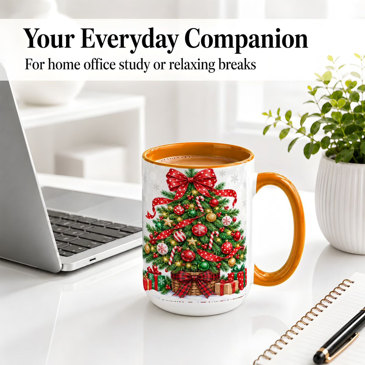 #pl[15oz|Orange] Decorated Christmas Tree Ceramic Mug, Festive Ornament Artwork