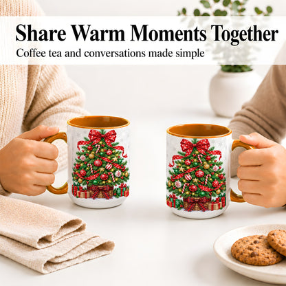#pl[15oz|Orange] Decorated Christmas Tree Ceramic Mug, Festive Ornament Artwork