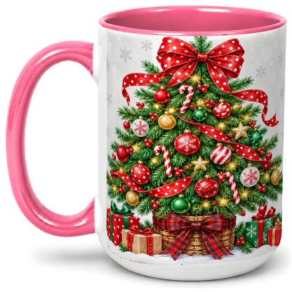 #pl[15oz|Pink] Decorated Christmas Tree Ceramic Mug, Festive Ornament Artwork