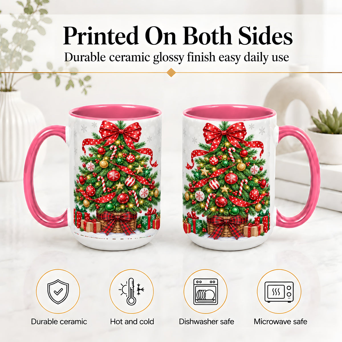 #pl[15oz|Pink] Decorated Christmas Tree Ceramic Mug, Festive Ornament Artwork