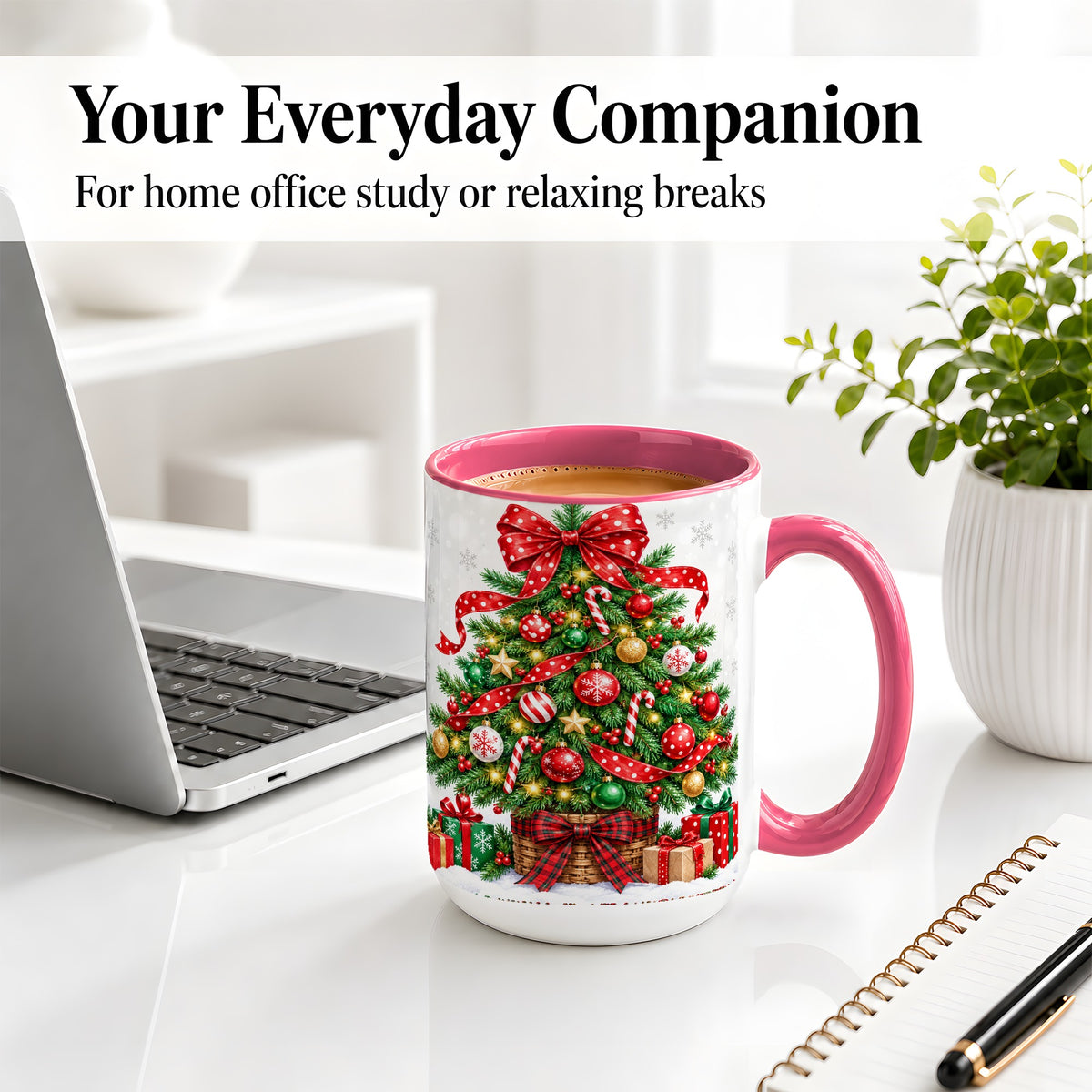 #pl[15oz|Pink] Decorated Christmas Tree Ceramic Mug, Festive Ornament Artwork