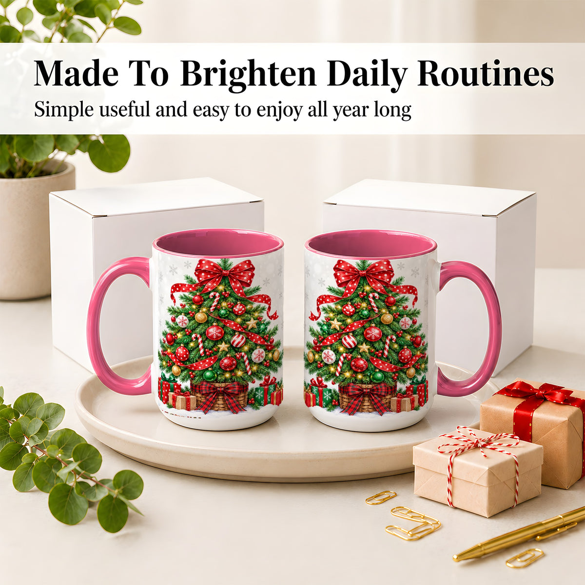 #pl[15oz|Pink] Decorated Christmas Tree Ceramic Mug, Festive Ornament Artwork