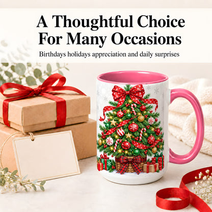 #pl[15oz|Pink] Decorated Christmas Tree Ceramic Mug, Festive Ornament Artwork
