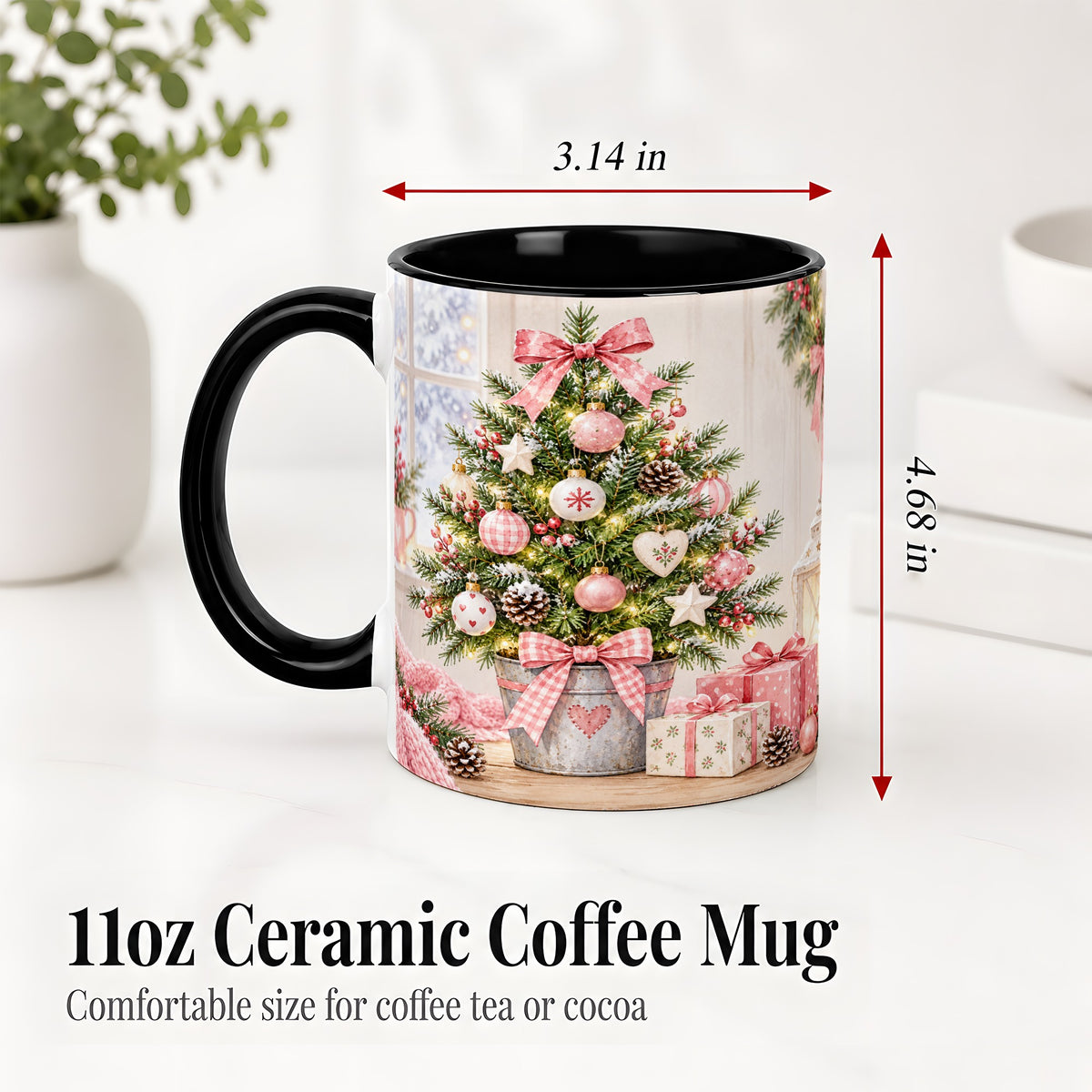 #pl[11oz|Black] Pink Christmas Tree Ceramic Mug, Cottage Holiday Ornament Art