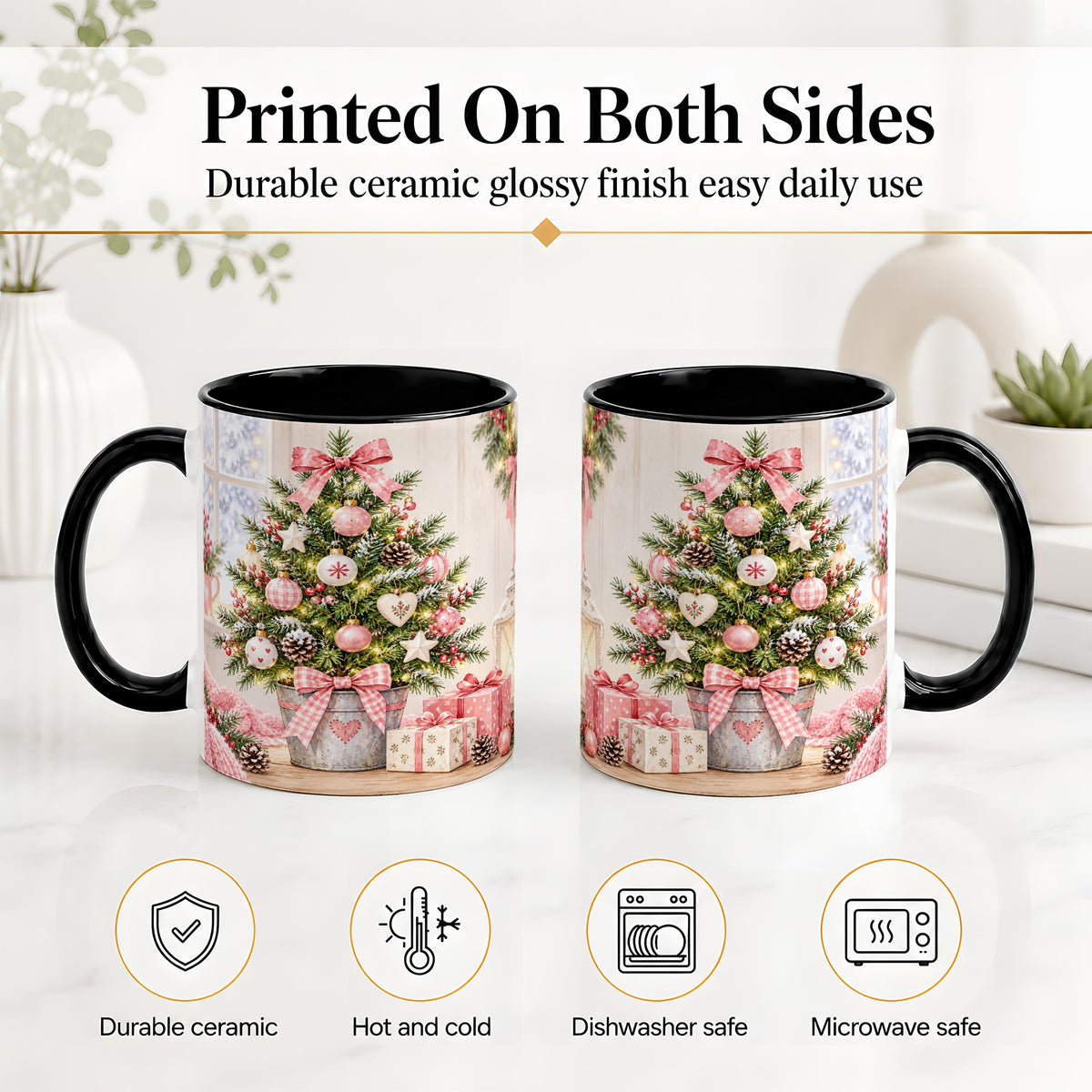 #pl[11oz|Black] Pink Christmas Tree Ceramic Mug, Cottage Holiday Ornament Art