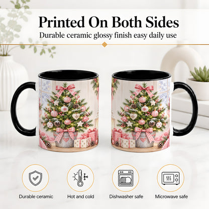 #pl[11oz|Black] Pink Christmas Tree Ceramic Mug, Cottage Holiday Ornament Art