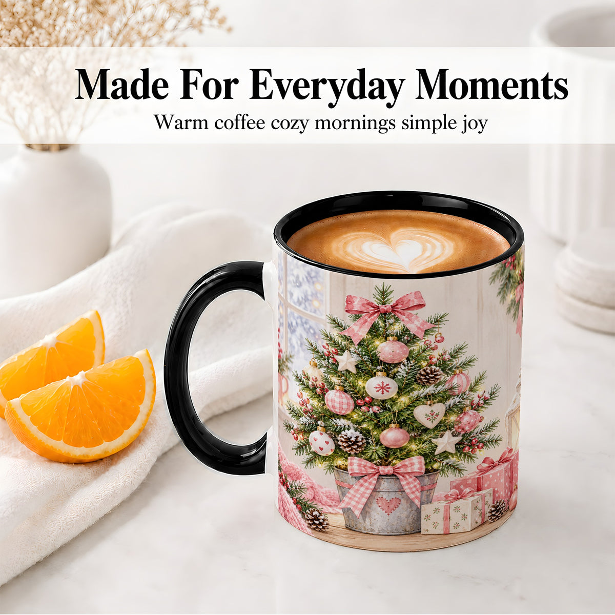 #pl[11oz|Black] Pink Christmas Tree Ceramic Mug, Cottage Holiday Ornament Art