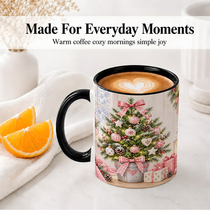 #pl[11oz|Black] Pink Christmas Tree Ceramic Mug, Cottage Holiday Ornament Art