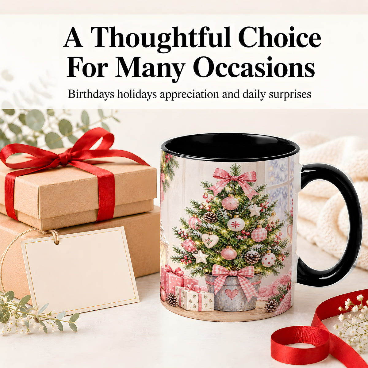 #pl[11oz|Black] Pink Christmas Tree Ceramic Mug, Cottage Holiday Ornament Art