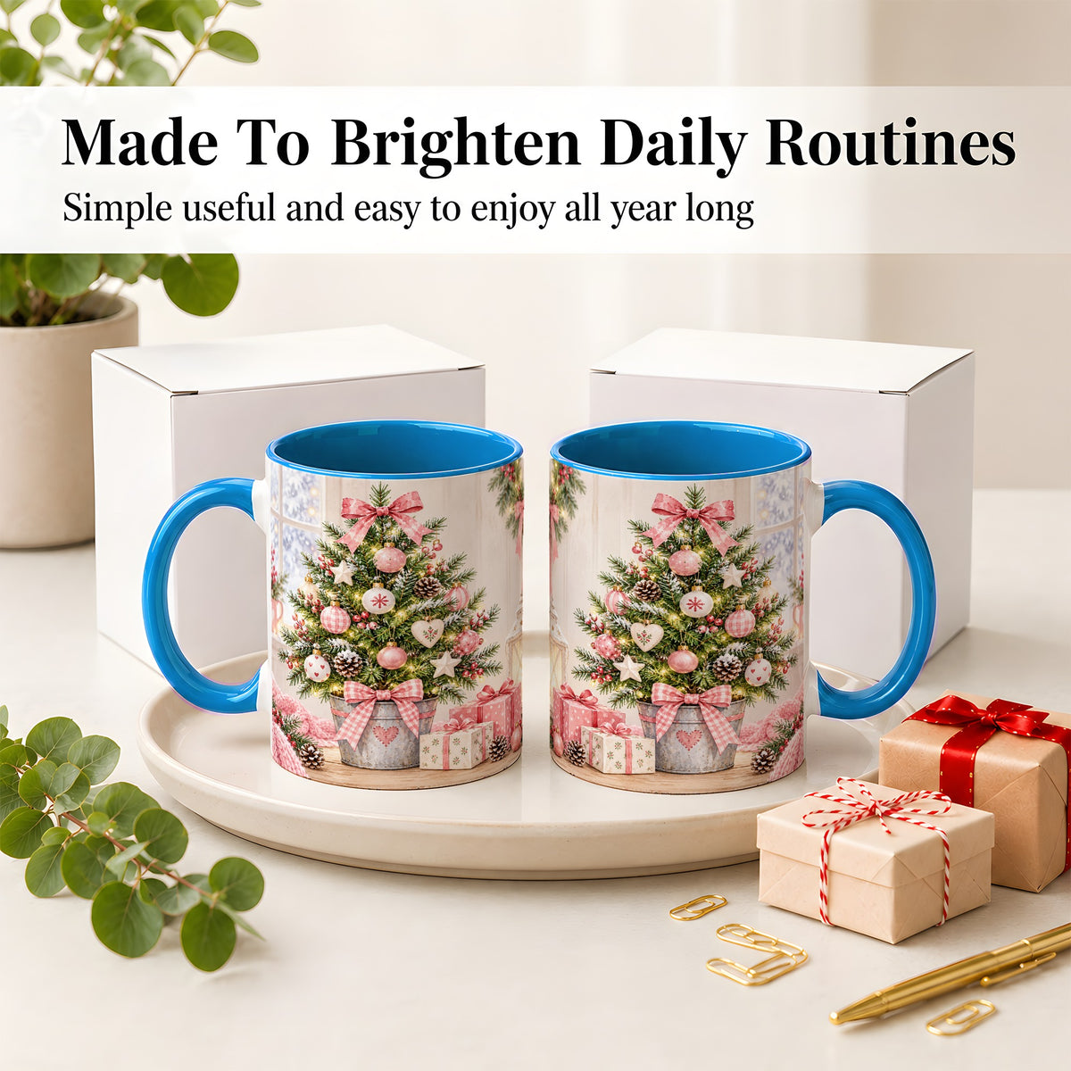 #pl[11oz|Blue] Pink Christmas Tree Ceramic Mug, Cottage Holiday Ornament Art