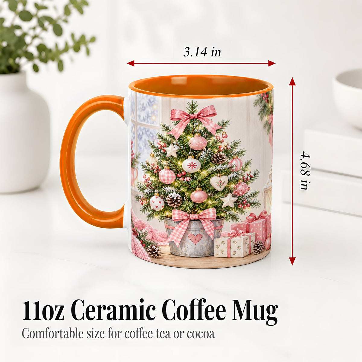 #pl[11oz|Orange] Pink Christmas Tree Ceramic Mug, Cottage Holiday Ornament Art