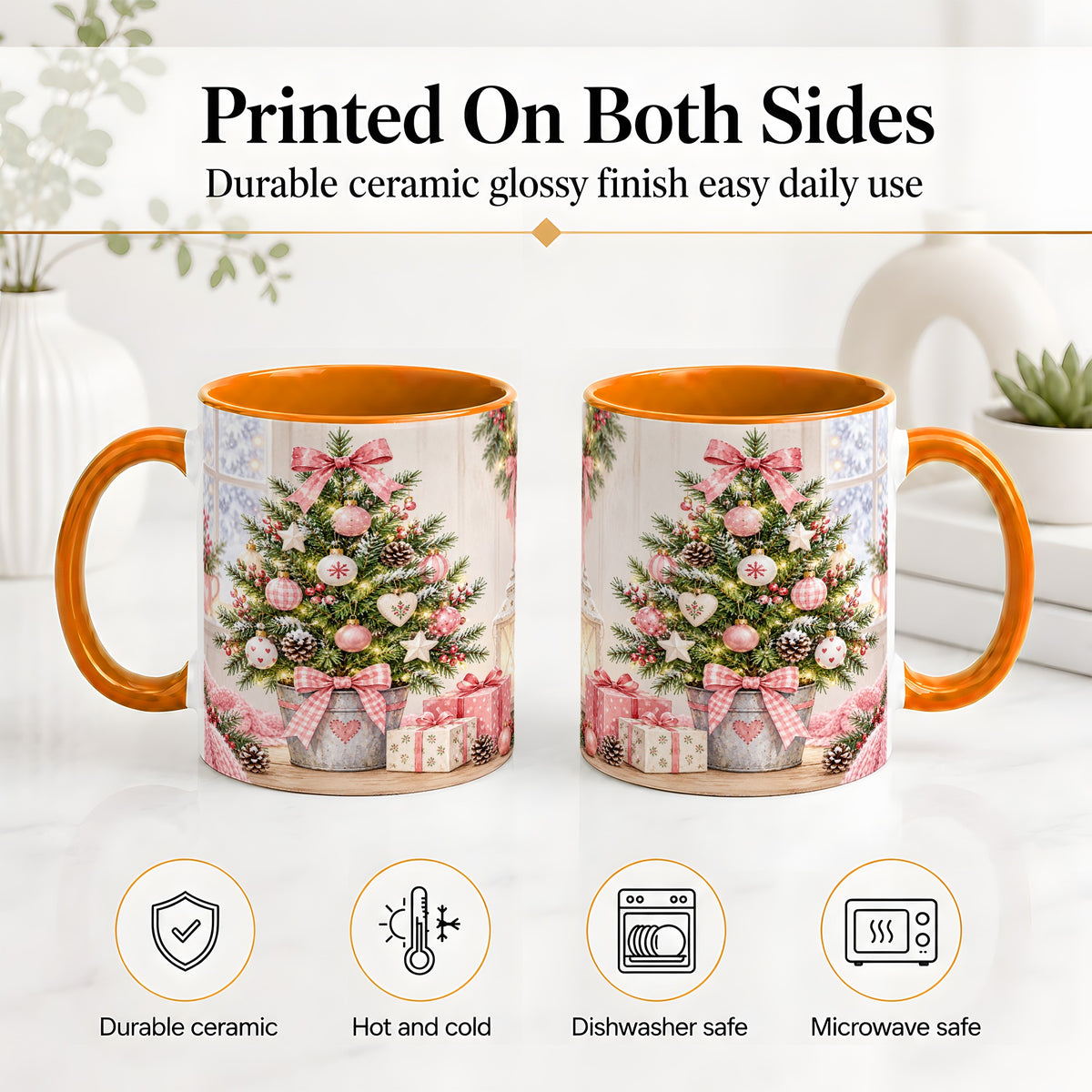 #pl[11oz|Orange] Pink Christmas Tree Ceramic Mug, Cottage Holiday Ornament Art