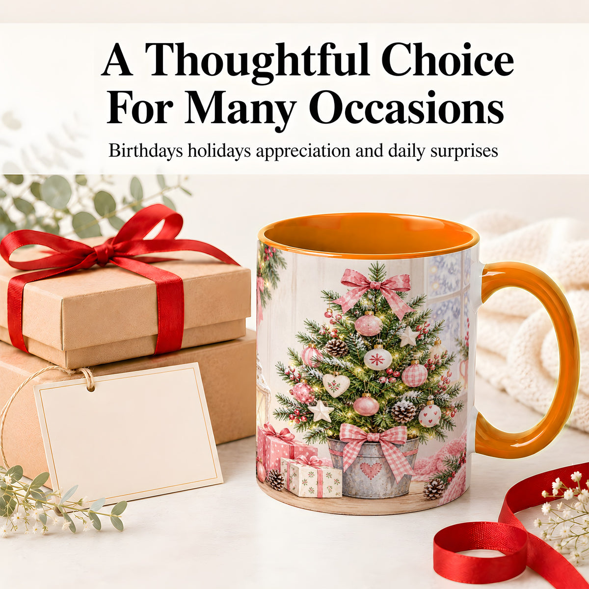 #pl[11oz|Orange] Pink Christmas Tree Ceramic Mug, Cottage Holiday Ornament Art