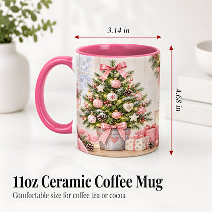 #pl[11oz|Pink] Pink Christmas Tree Ceramic Mug, Cottage Holiday Ornament Art