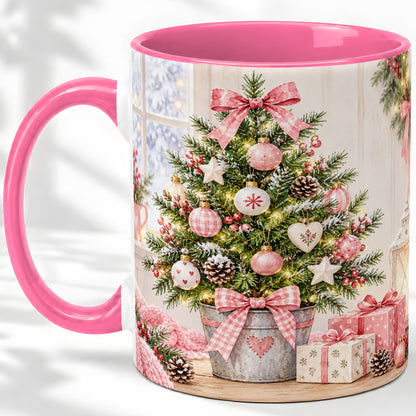 #pl[11oz|Pink] Pink Christmas Tree Ceramic Mug, Cottage Holiday Ornament Art