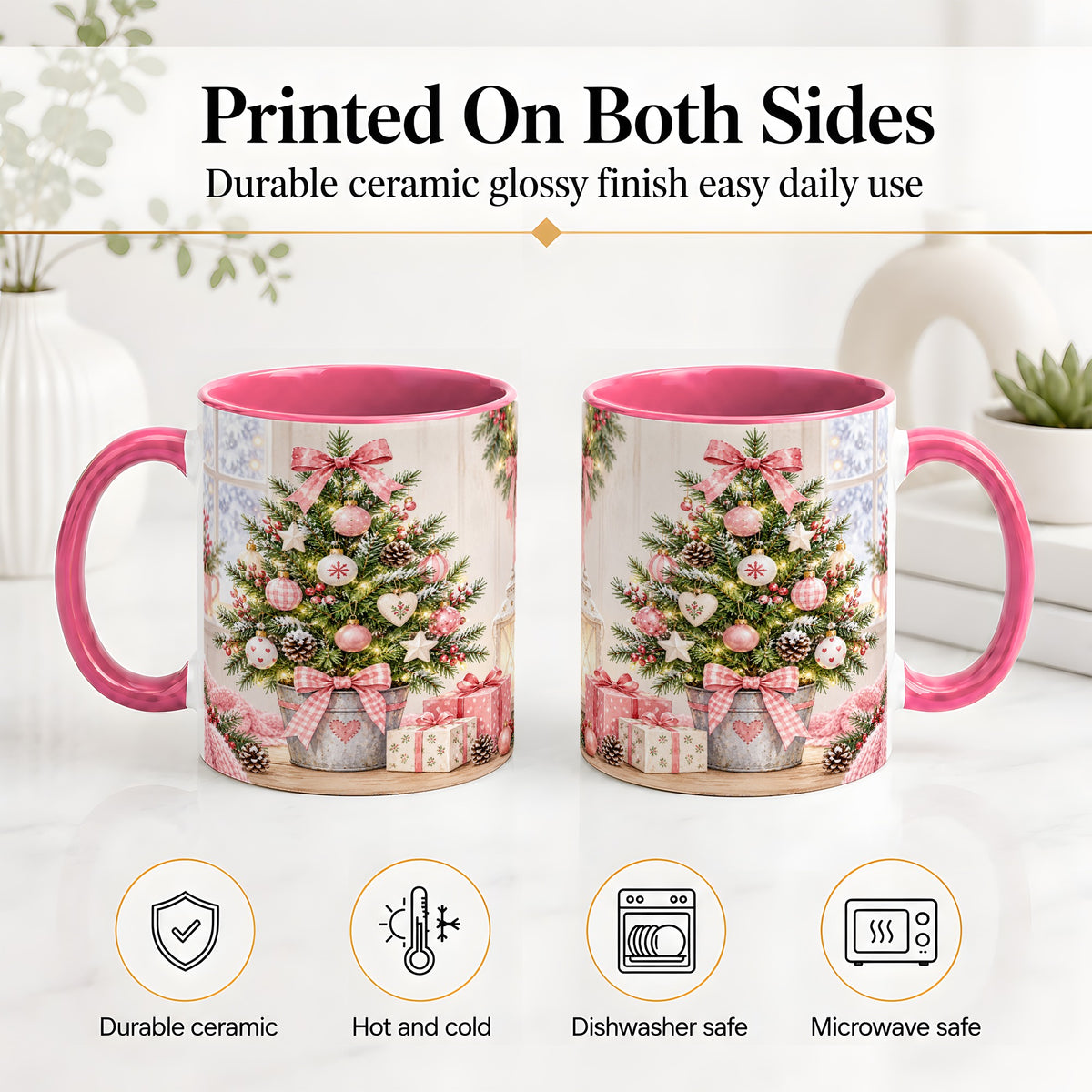 #pl[11oz|Pink] Pink Christmas Tree Ceramic Mug, Cottage Holiday Ornament Art
