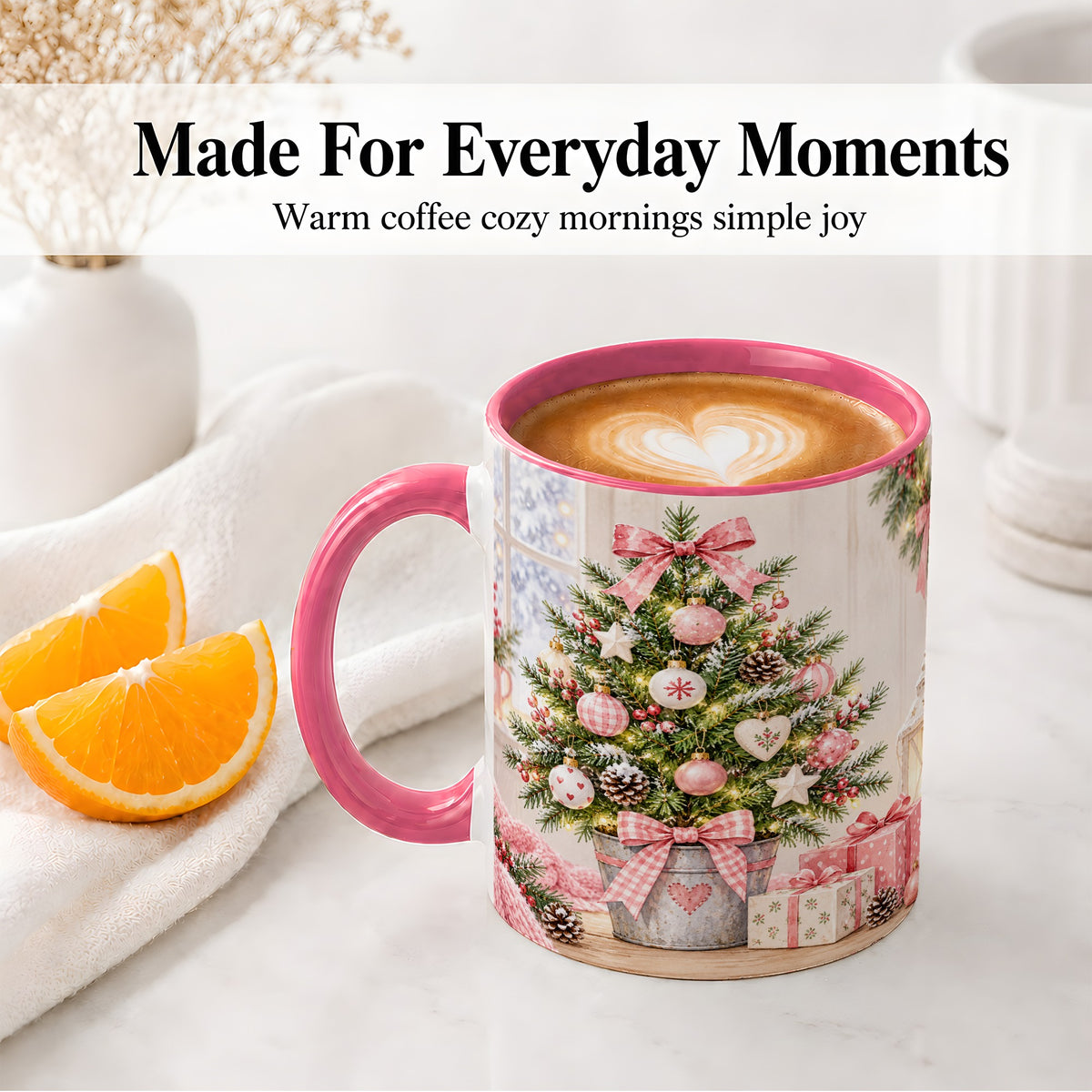#pl[11oz|Pink] Pink Christmas Tree Ceramic Mug, Cottage Holiday Ornament Art