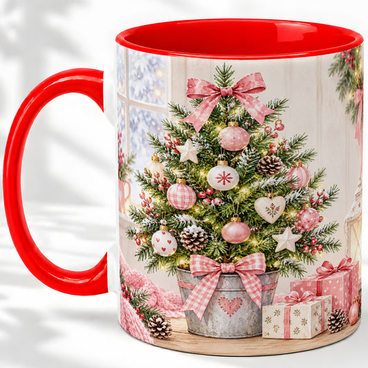 Pink Christmas Tree Ceramic Mug, Cottage Holiday Ornament Art