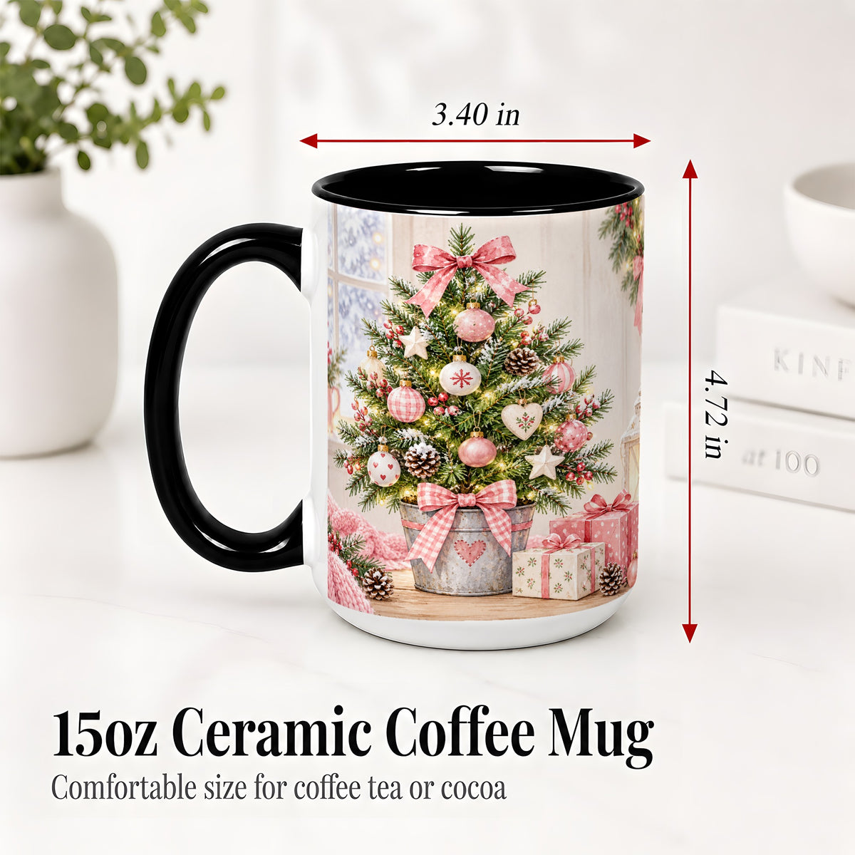 #pl[15oz|Black] Pink Christmas Tree Ceramic Mug, Cottage Holiday Ornament Art