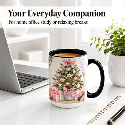 #pl[15oz|Black] Pink Christmas Tree Ceramic Mug, Cottage Holiday Ornament Art