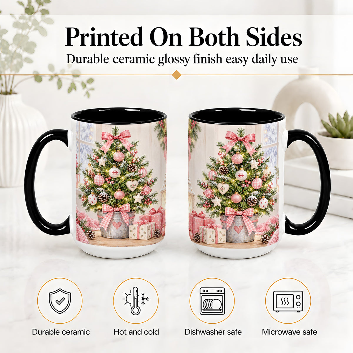 #pl[15oz|Black] Pink Christmas Tree Ceramic Mug, Cottage Holiday Ornament Art