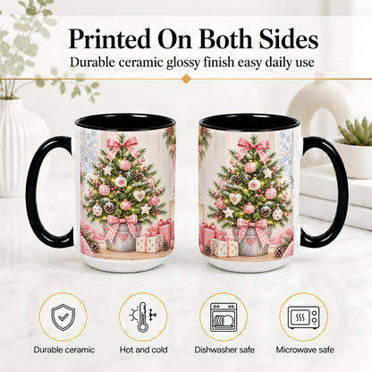 #pl[15oz|Black] Pink Christmas Tree Ceramic Mug, Cottage Holiday Ornament Art